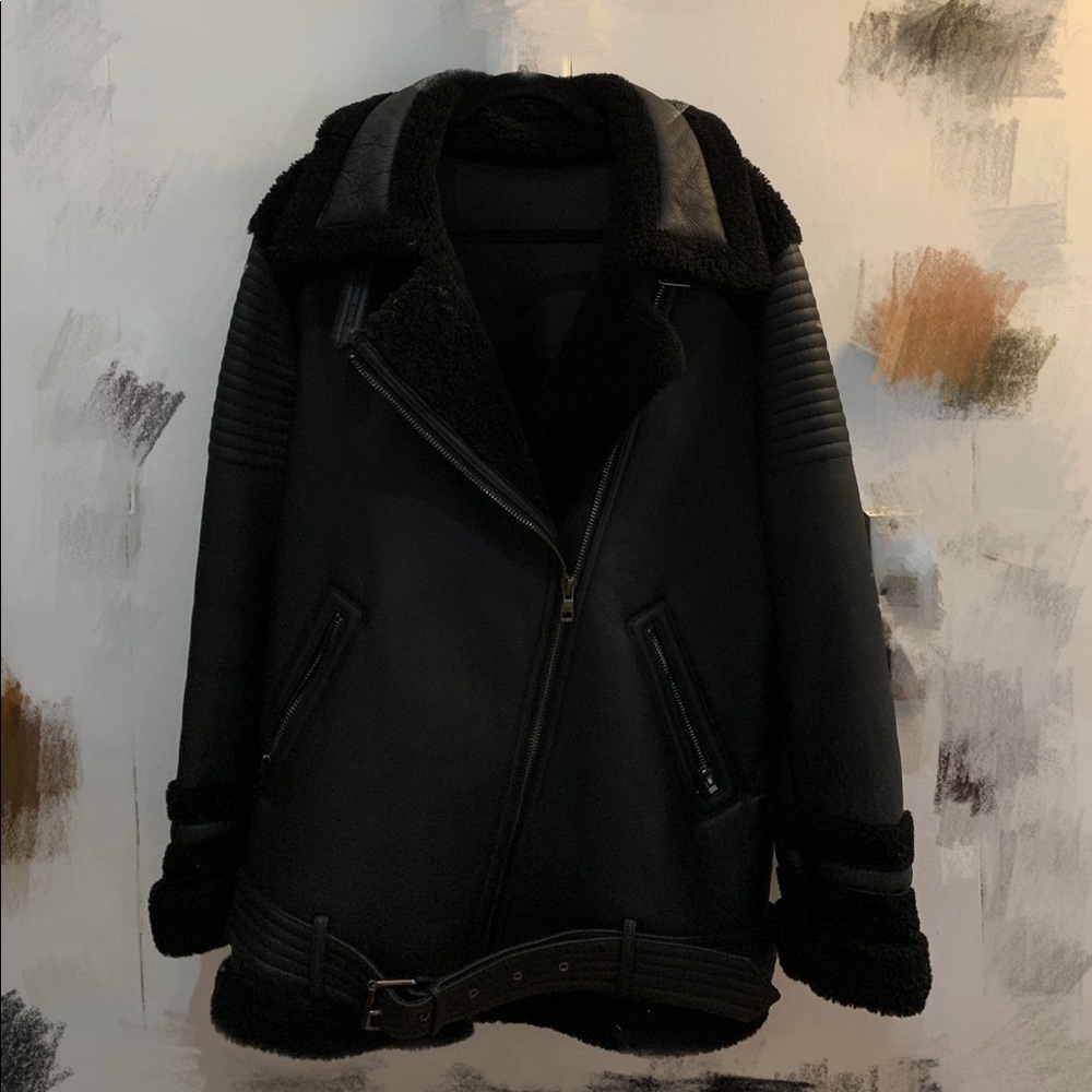 Shearling Biker Jacket / Black Shearling Coat
